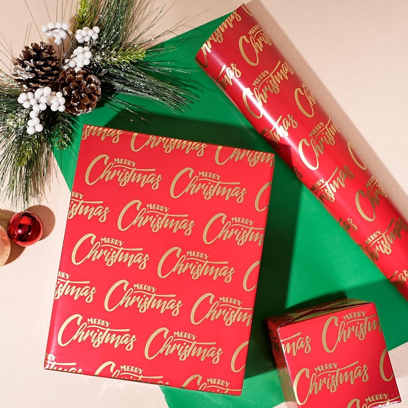 LaRibbons Reversible Christmas Foil Wrapping Paper Roll, Red with Gold “Merry Christmas” & Green Pattern, Holiday Gift Wrap for Xmas Presents, Party & Decoration, 17 Inch × 33 Feet - Image 3